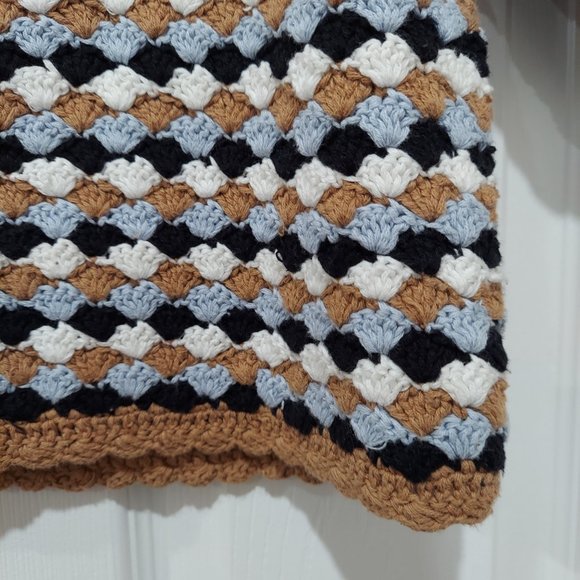 Zara Tops Zara Crochet Knit Top 0 Cotton Tan White Blue Boxy Puff